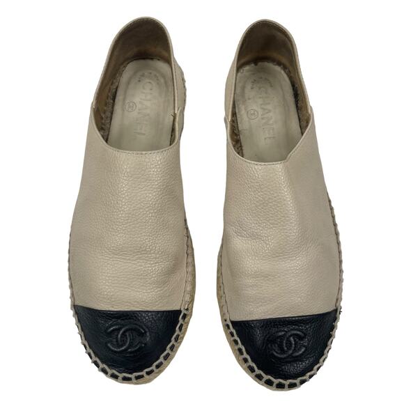 Chanel CC Logo Cap Toe Espadrille Flats Calfskin Leather Neutral Size 40 - Picture 1 of 10